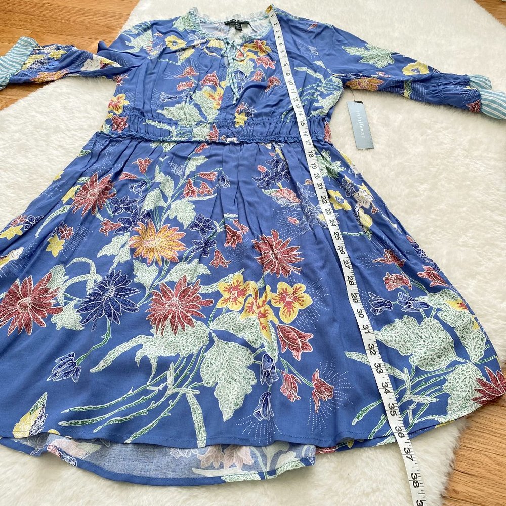Tribal Femme Casual Dress, Boho, 3/4 Sleeve, Floral Print, Blue, Petite Small - Picture 5 of 8
